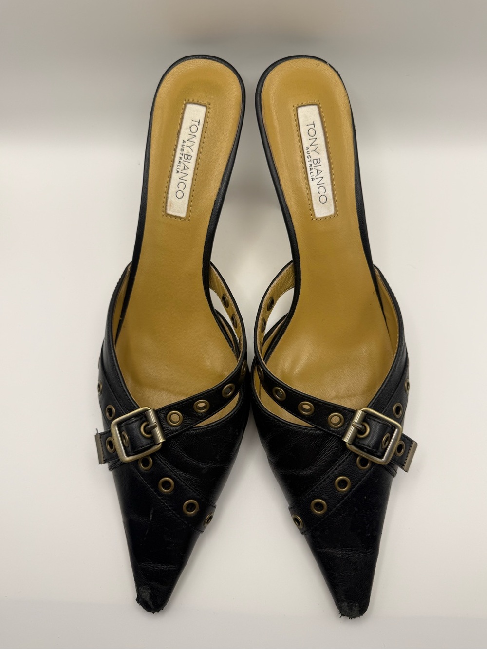 Tony Bianco Black Pointed Leather Mule with Gold Buckle - Picture 6 of 10